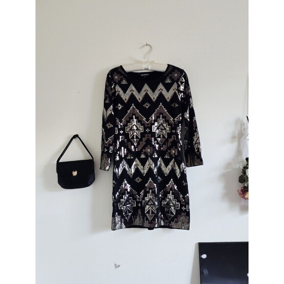 Express Dresses & Skirts - Express Mini Dress Woman's M Black Sequin Aztec Long Sleeve Formal Date Night